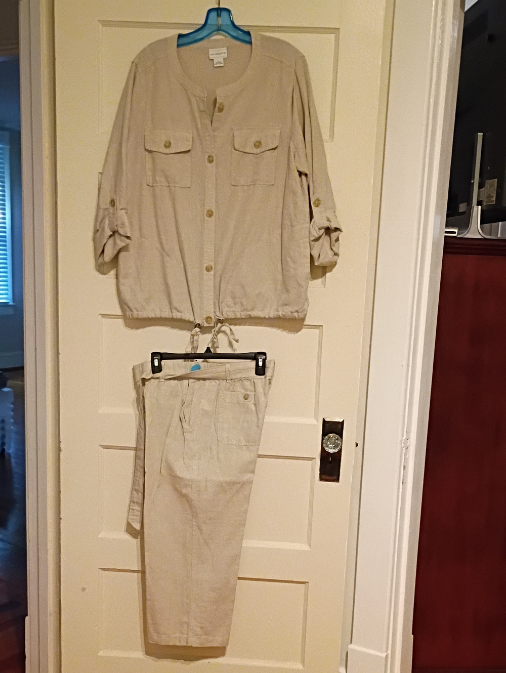 Liz Claiborne Beige Linen Blend Button Up Top & Pants Set